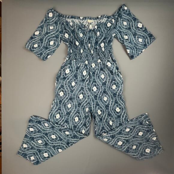 Earthbound Blue Boho Wide Leg Jumpsuit Medium Off Shoulder Smocked Waist - Picture 1 of 5